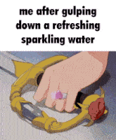 a cartoon of a hand holding a sword with a ring on it