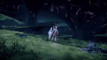 a video game scene with a knight and a princess standing in a field