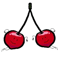 two cherries with arms and legs are dancing together .