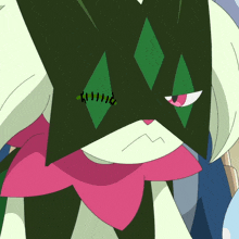 a cartoon character with stitches on his face has a green diamond on his face