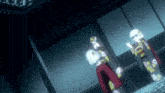 two anime characters are standing next to each other in a room