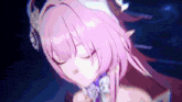 a close up of a anime girl with pink hair