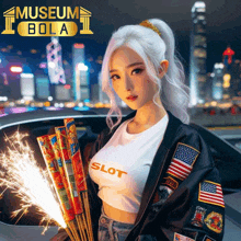 a woman wearing a shirt that says slot holds a bunch of fireworks