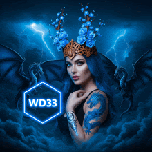 a woman with blue hair is surrounded by dragons and a glowing wd33 icon