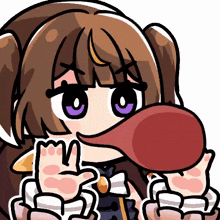 a cartoon drawing of a girl with purple eyes and a long tongue .