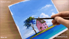 a painting of a pink house with a tree on a small island