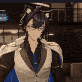 a man with cat ears and glasses is wearing a white vest and tie