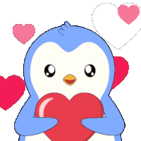 a blue penguin is holding a red heart with pink hearts in the background