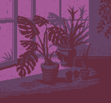 a pixel art of a room with potted plants