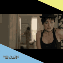 a woman wearing a top hat and a choker with the words freelancers anonymous on the bottom right