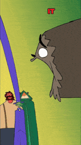 a cartoon drawing of a man and a hedgehog with a red t on the bottom right