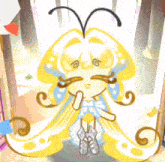 a cartoon character with a yellow hair and a blue dress