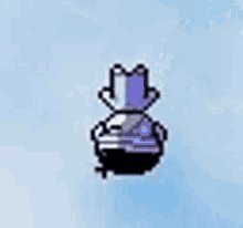 a cartoon character is flying through the air with a purple hat on .