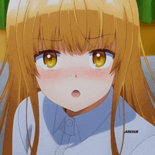 a close up of a blonde anime girl with a surprised look on her face