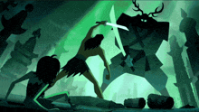 a cartoon drawing of a man holding a sword fighting a monster