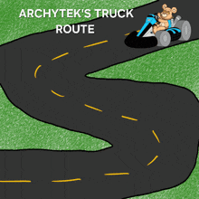 a cartoon of a teddy bear driving a truck with the words " archytek 's truck route " above it