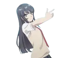 a girl with long black hair is giving a thumbs up sign