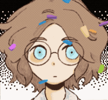 a drawing of a girl with glasses and a bunch of colorful objects in her hair