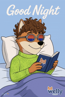 a cartoon of a dog reading a book with the words " good night " on the bottom