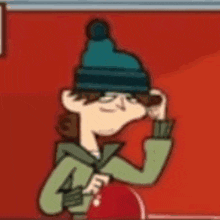 a cartoon character wearing a blue hat and a green jacket is sitting in front of a red wall .