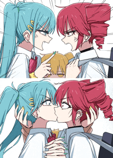 a drawing of a girl with blue hair and a girl with red hair kissing