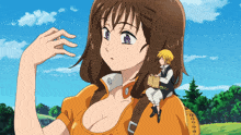 a girl with purple eyes is standing next to a boy sitting on her back