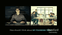 a poster for stanford university shows a man sitting at a desk