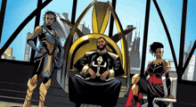 a cartoon of a man sitting on a throne next to two women