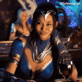 a woman in a video game costume is holding a glass of wine and smiling