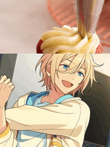a picture of a boy next to a picture of a cupcake with frosting on it