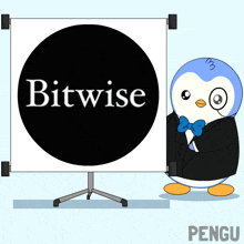 a penguin is standing next to a white board with the word bitwise on it