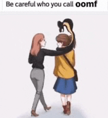 a cartoon of two women standing next to each other with a cat on their head .