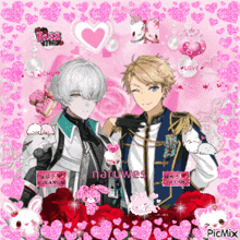 a couple of anime characters standing next to each other on a pink background with hearts