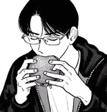 a man wearing glasses is eating a hamburger in a black and white drawing