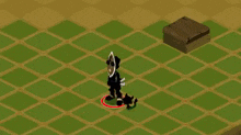 a cartoon character is standing on top of a green checkered field in a video game .
