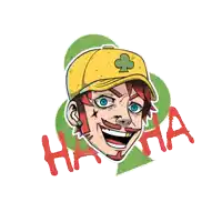 a cartoon drawing of a man with a yellow hat and the word ha written in red