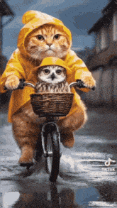 a cat in a yellow raincoat and hat is riding a bike with an owl in a basket .