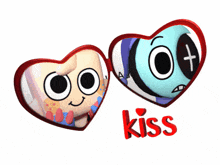 a couple of heart shaped glasses with the word kiss on the bottom