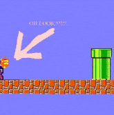 a pixel art of mario standing next to a green pipe with the words oh look written below him