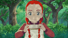 a girl with red hair is holding a piece of paper in front of trees