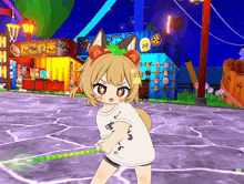 a girl in a white shirt is holding a green hula hoop in front of a building with chinese characters on it
