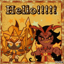 a picture of two cartoon characters with the words hello on it