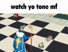 a man holding a cane and a hammer on a checkered floor with the words watch yo tone mf