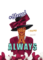 an animated image of a woman wearing a hat with the words blessed always below her