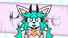 a pixel art drawing of a fox with horns and blue eyes .