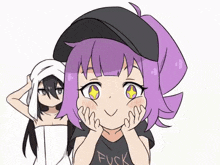 a girl with purple hair is wearing a shirt that says " fuck "