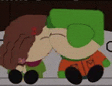 a couple of cartoon characters kissing each other on a bed .