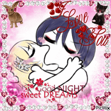 a picture of a couple kissing with the words " good night sweet dreams " on it