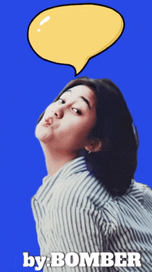 a woman making a funny face with a speech bubble above her head and the words by bomber below her