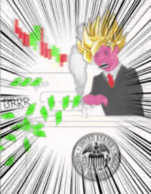 a cartoon of a man in a suit and tie sitting at a table with a coin in front of him .